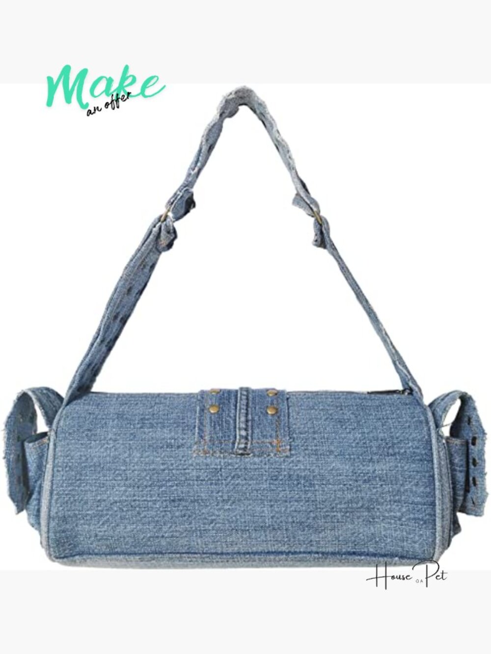 Upcycled Denim Barrel Shoulder Bag with Brass Rivet & Buckle Details - Picture 2 of 7